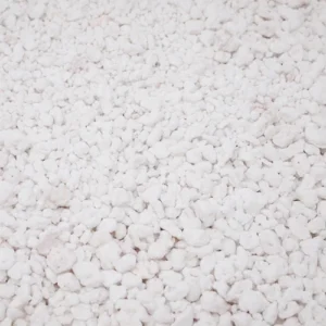 Perlite: irregular chalky white granules of expanded volcanic glass
