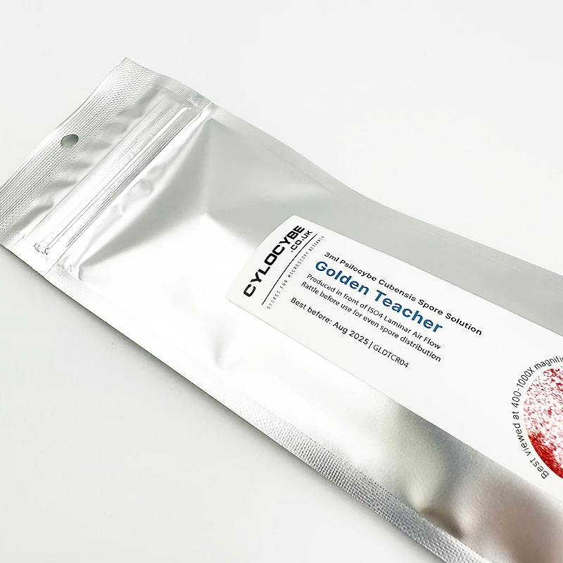 Show: Psilocybe cubensis spore syringe inside labelled silver foil bag