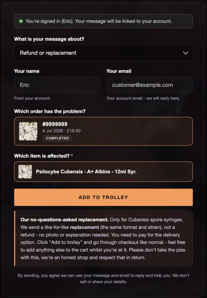 The Cylocybe contact form adding a free like-for-like Cubensis spore syringe replacement to the basket