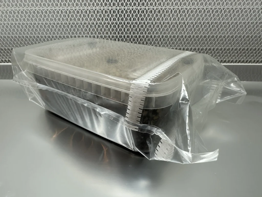 Show: An XL Cylocybe Special Mushroom Grow Kit sealed inside its sterile bag on a steel bench, in front of a laminar flow hood filter