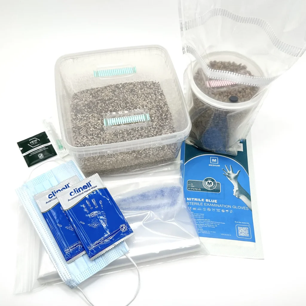Show: The MonoBox grow kit from above: the substrate tub beside a bagged grain jar, with medium nitrile gloves, a face mask, Clinell wipes, an alcohol wipe and a liner bag arranged around them