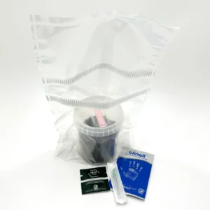 Everything in a WeeZPZ kit: a filter-patch grow bag, a sealed cup of dark substrate, a sterile needle, a chlorhexidine wipe and an antimicrobial hand wipe